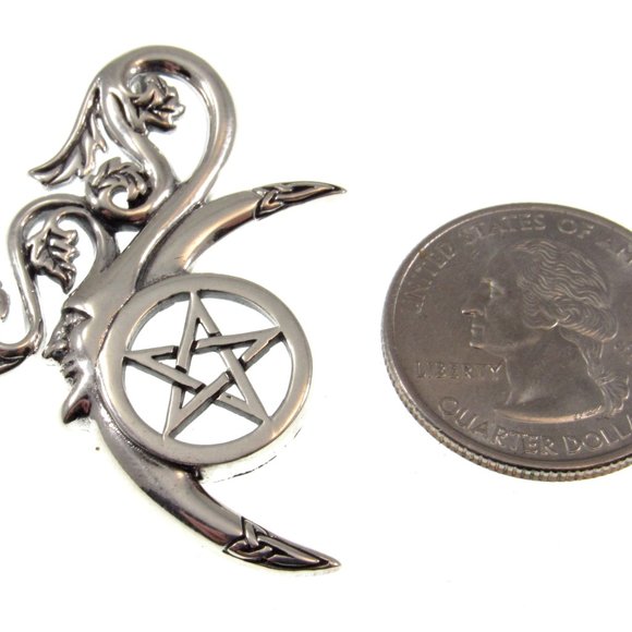 Solid 925 Sterling Silver Green Man Celtic Moon Pentacle Pendant by Peter Stone - Picture 2 of 5